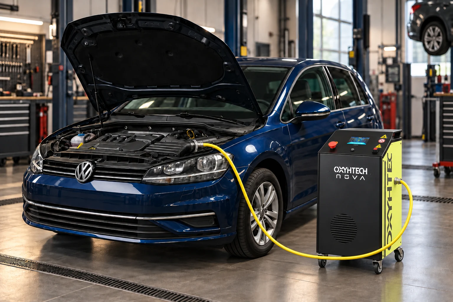 Oxyhtech Nova mit einem seitlich angeschlossenen Schlauch zum Luftfilter eines Volkswagen
