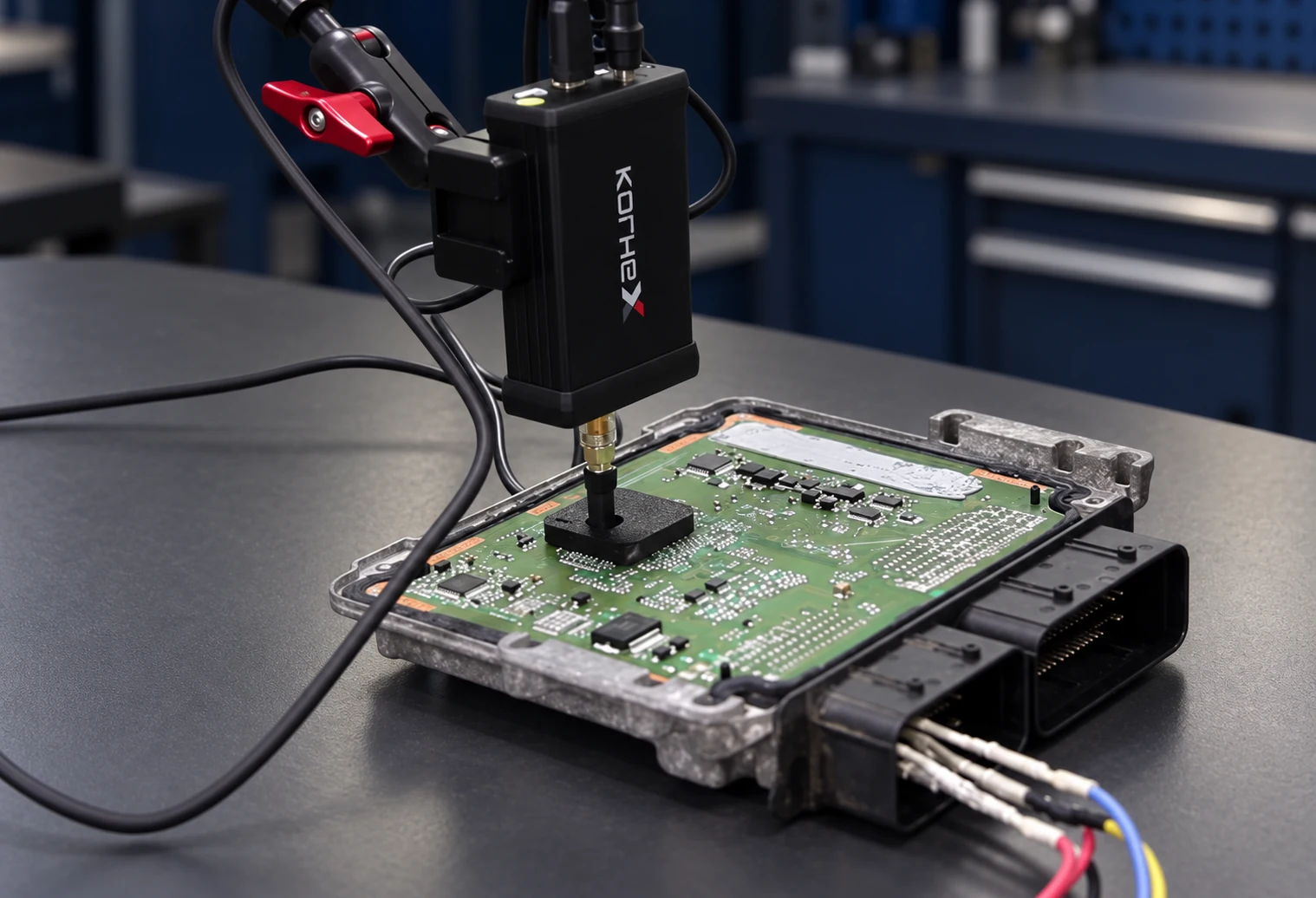 KORHEX-Gerät mit Kontaktadapter direkt auf dem Prozessor eines geöffneten Motorsteuergeräts – bearbeitetes Motiv